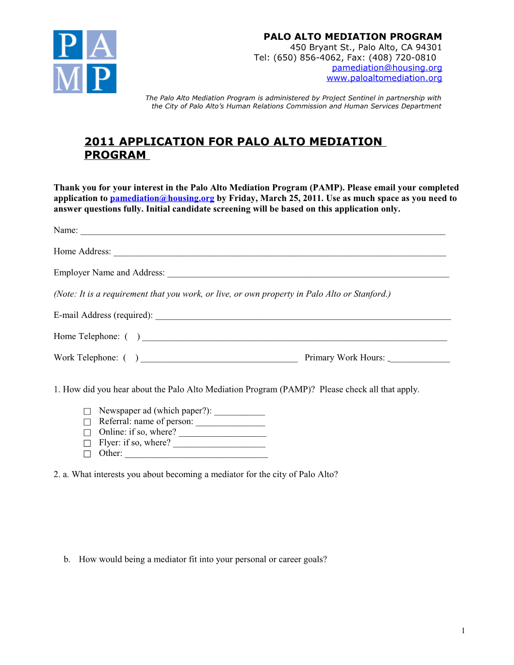 2011 Application for Palo Alto Mediation Program