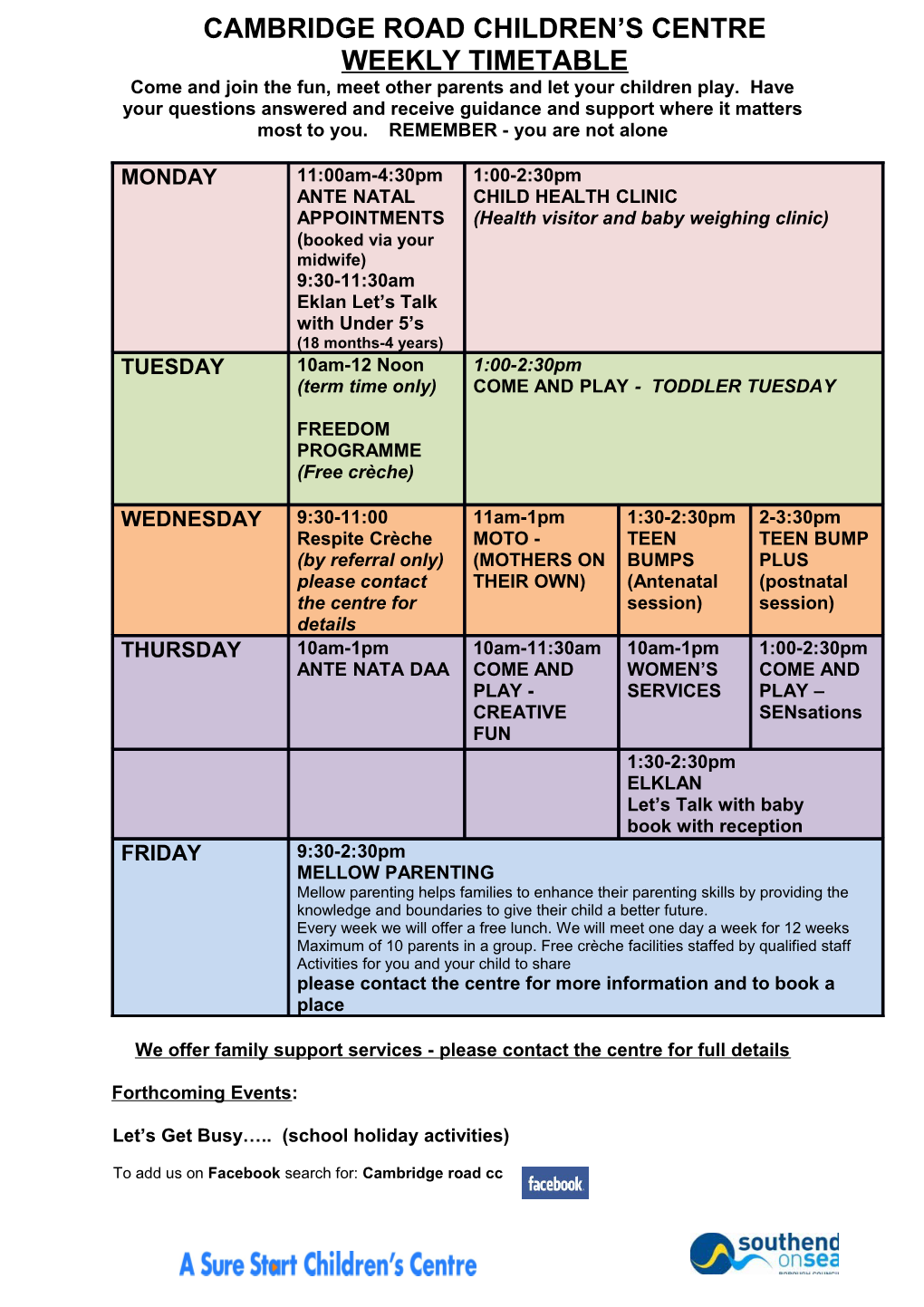 Cambridge Road Children S Centre Weekly Timetable