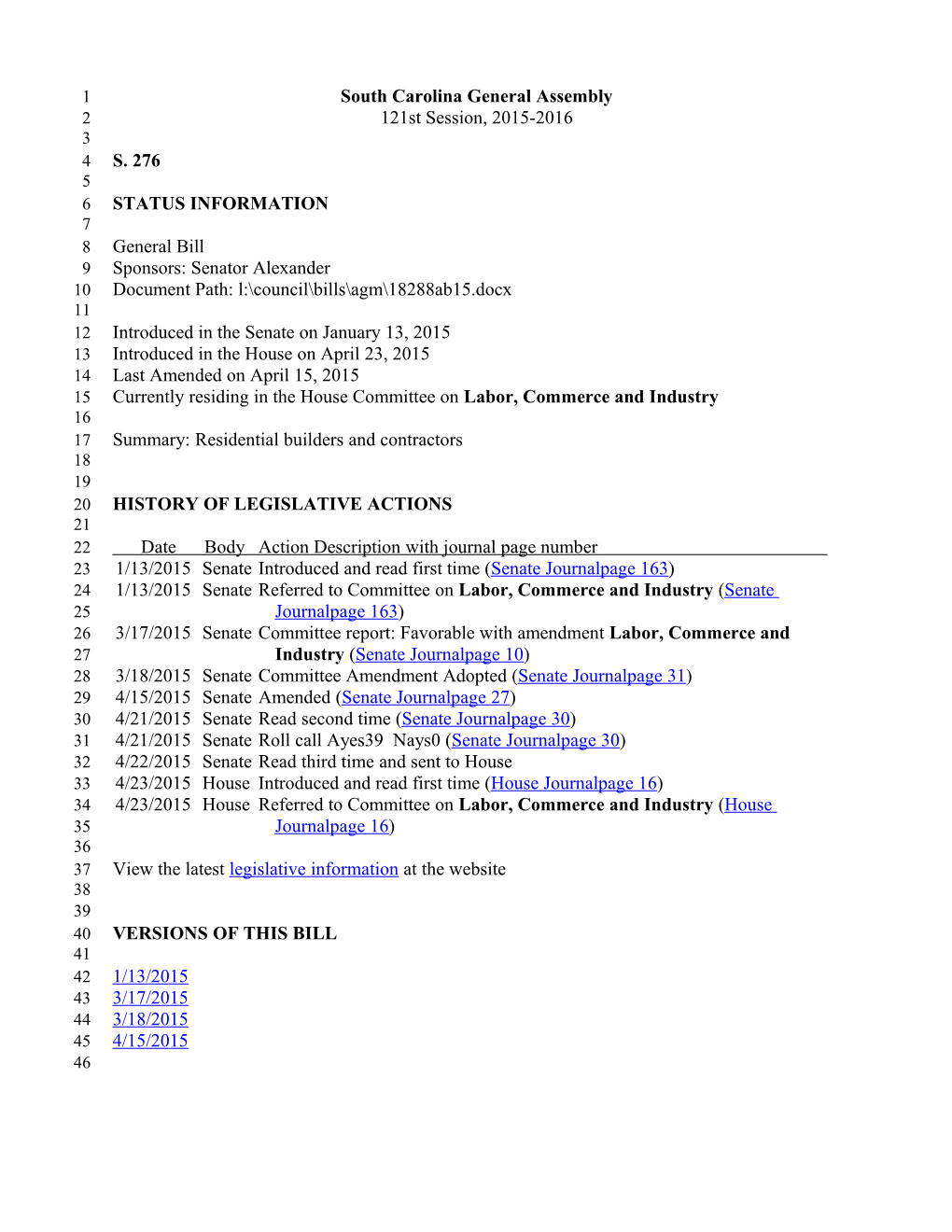 2015-2016 Bill 276: Residential Builders and Contractors - South Carolina Legislature Online