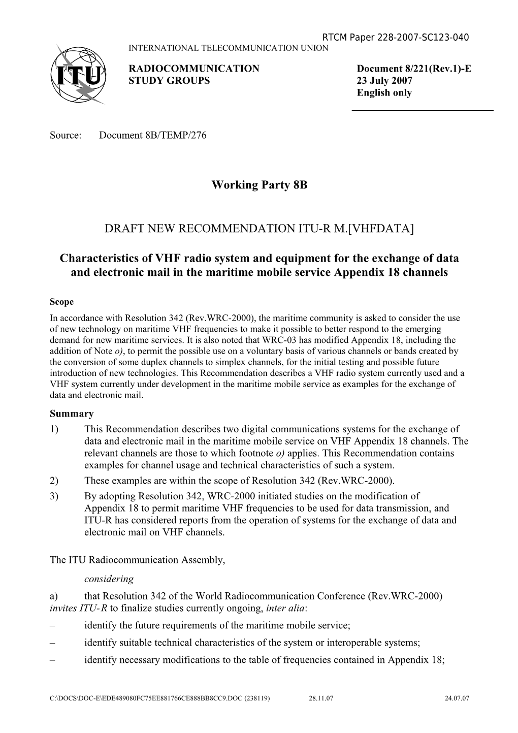 Draft New Recommendation ITU-R M. VHFDATA