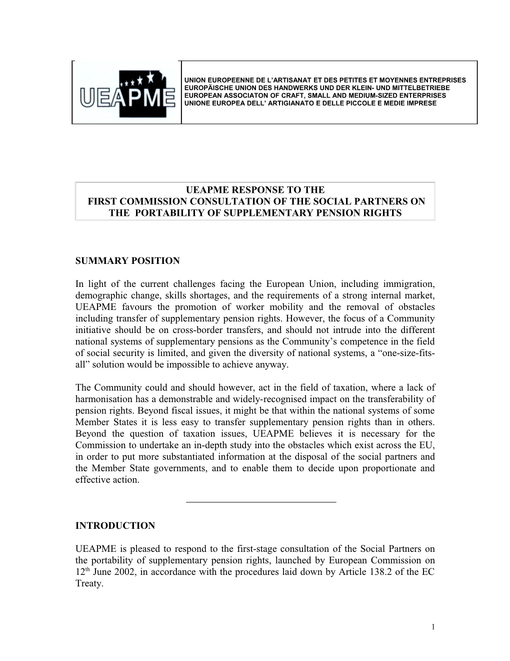 Draft Ueapme Response to the First Commission Consultation of The