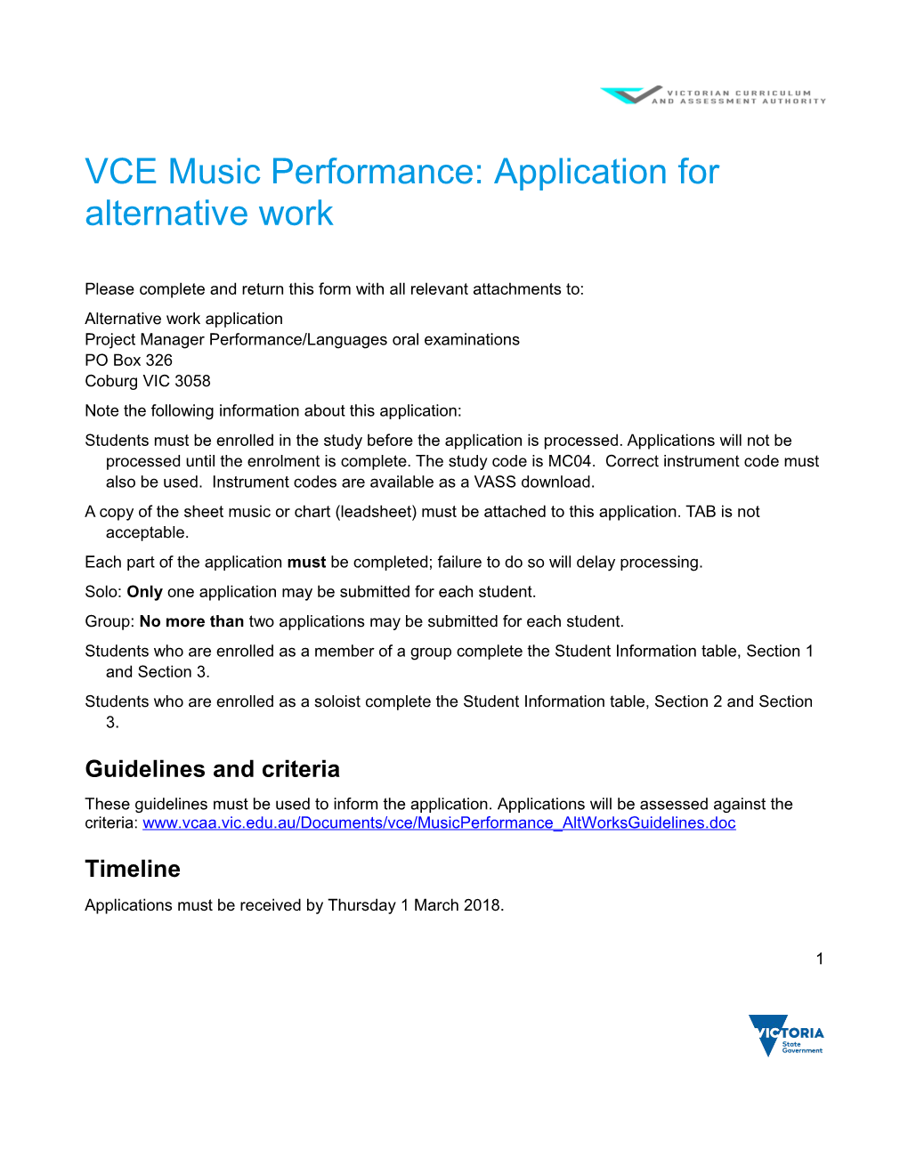 VCE Music Performance: Application for Alternative Work