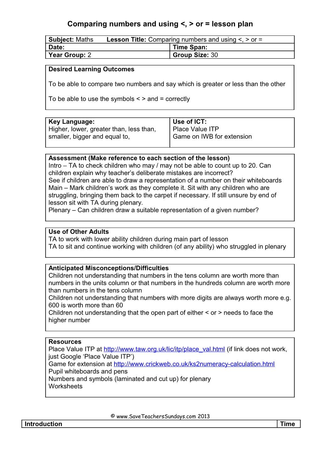 Comparing Numbers and Using &lt;, &gt; Or = Lesson Plan