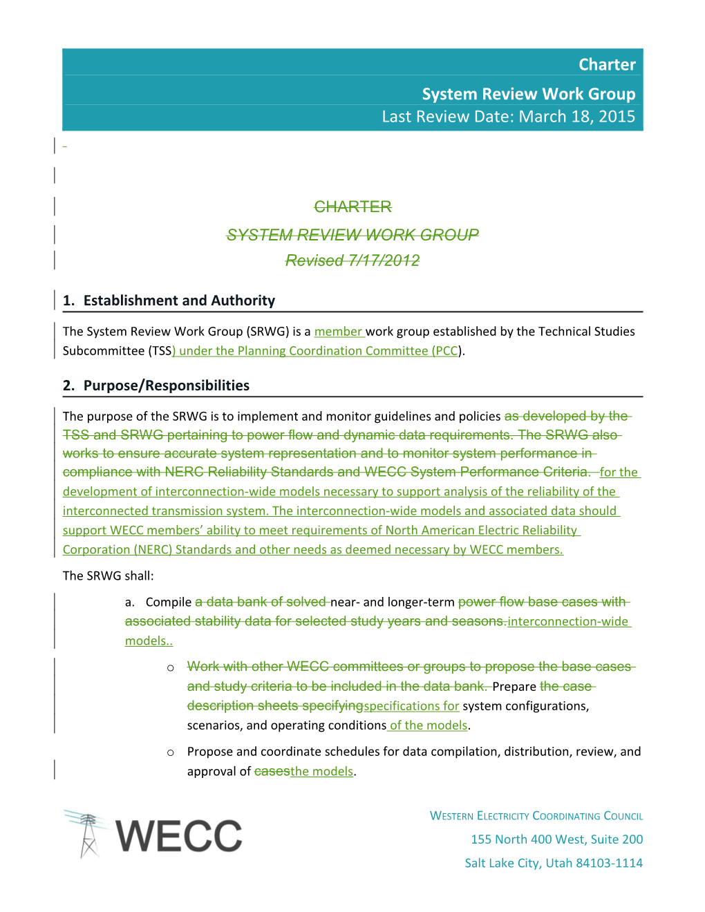 Draft SRWG Charter for TSS Approval