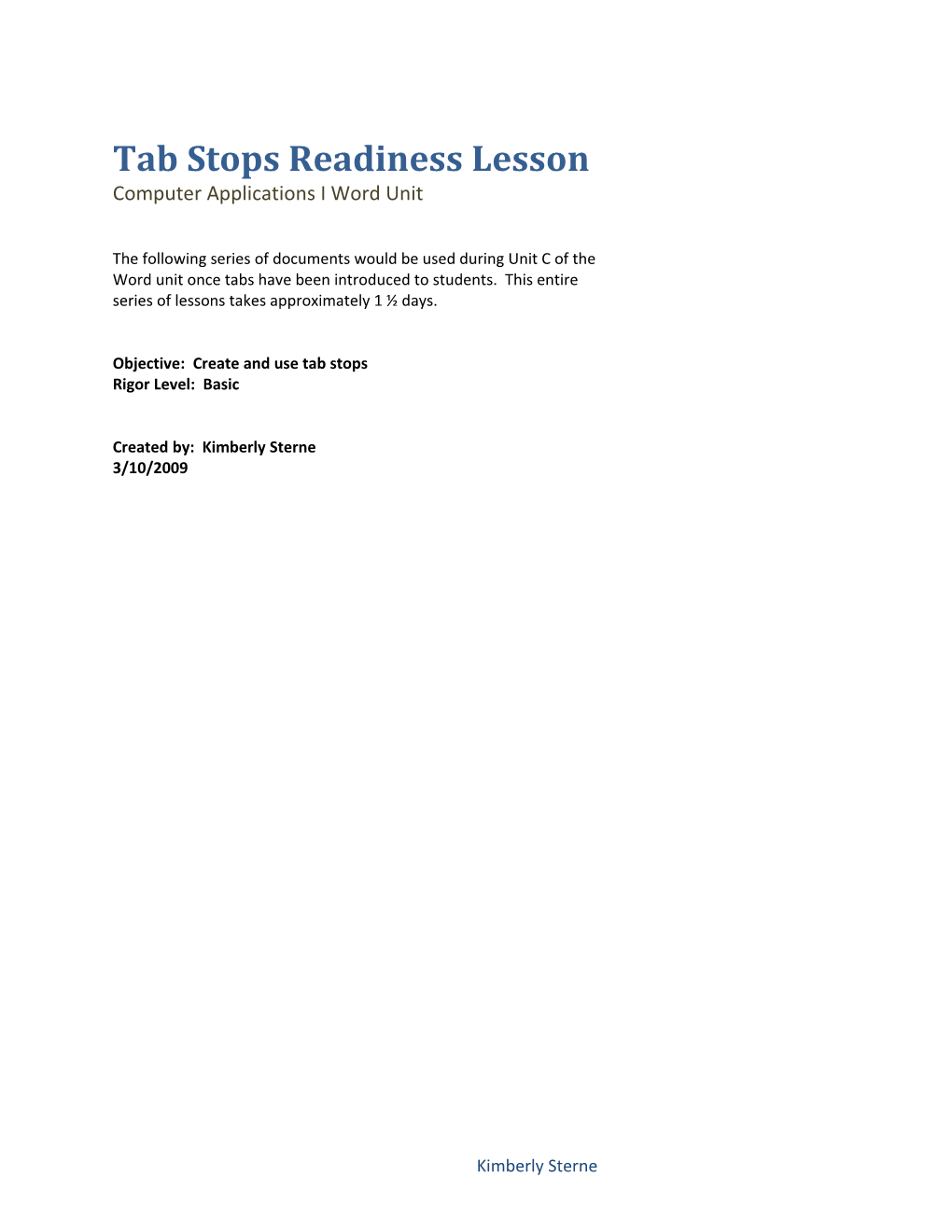 Tab Stops Readiness Lesson