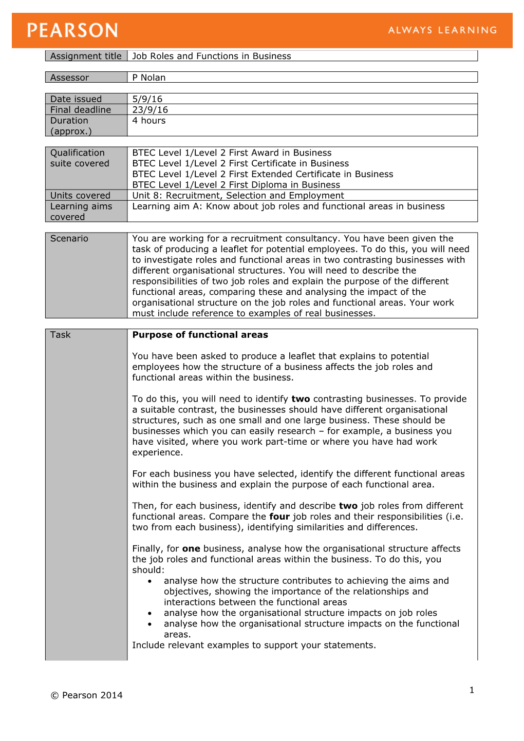 Unit 8: Recruitment, Selection and Employment. Authorised Assignment Brief for Learning