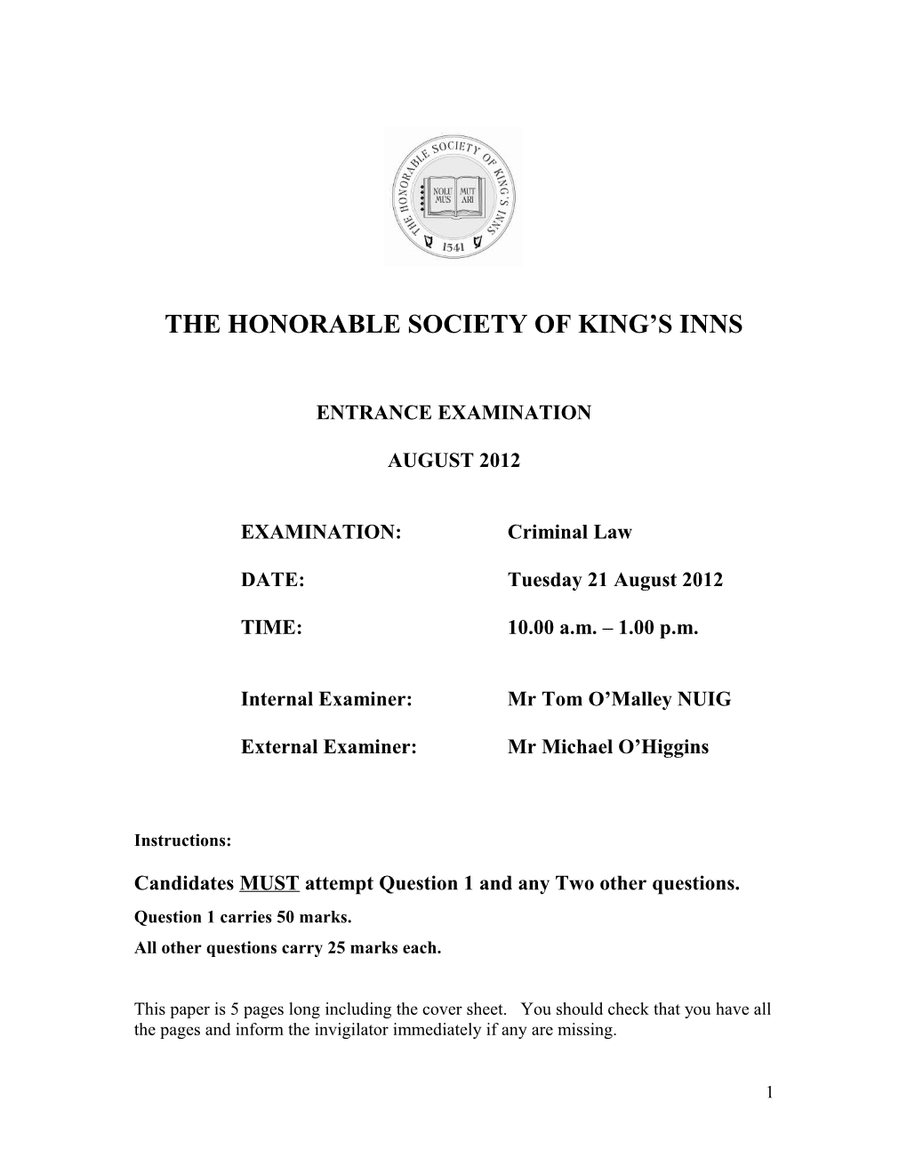 Kings Inns Criminal Law Paper 2012