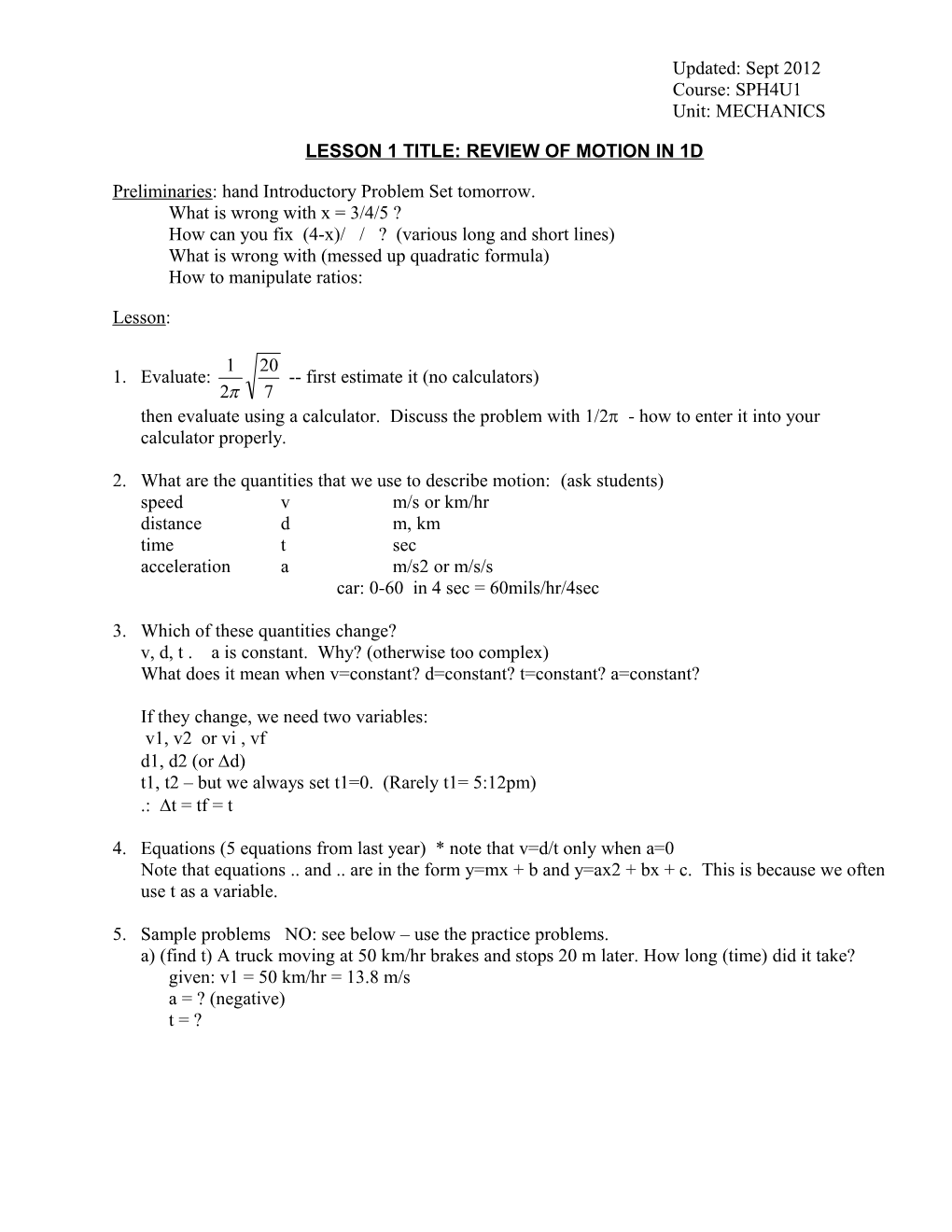 Lesson 1 Title: Review of Motion in 1D