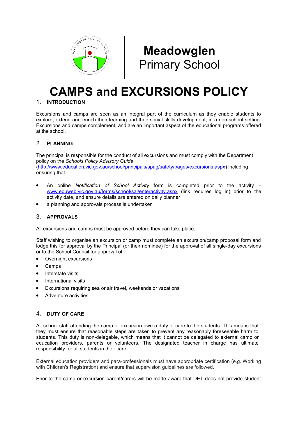 CAMPS and EXCURSIONS POLICY