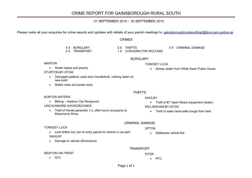 Crime Report for Gainsborough Rural South