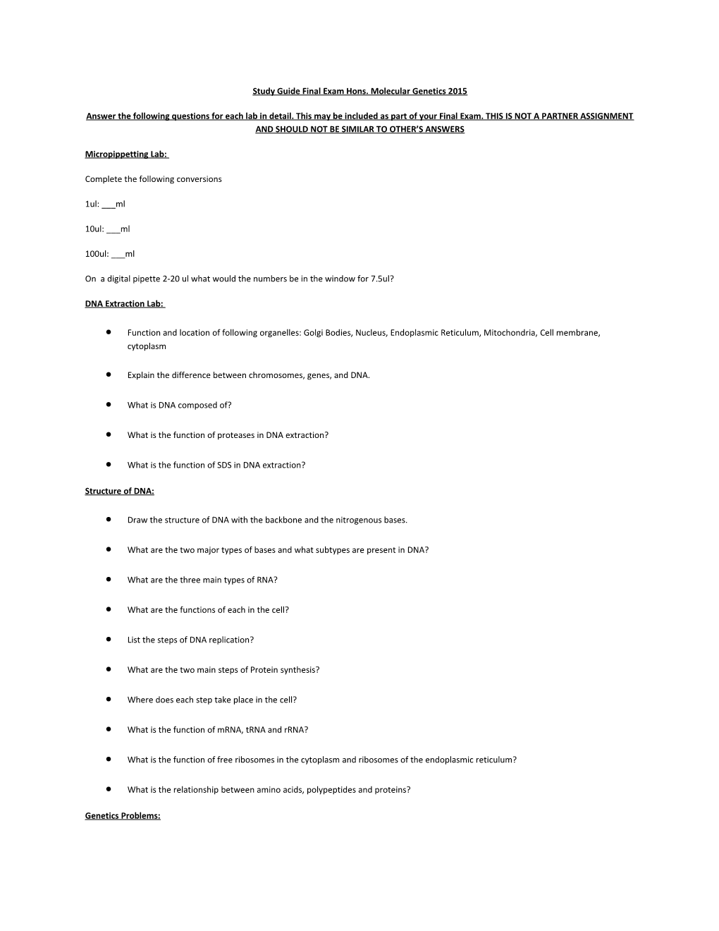 Study Guide Final Exam Hons. Molecular Genetics 2015