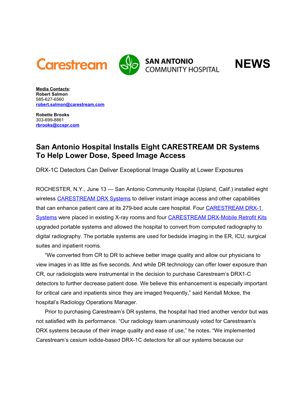 San Antoniocommunityhospital Installs Eight CARESTREAM DR Systems to Help Lower Dose