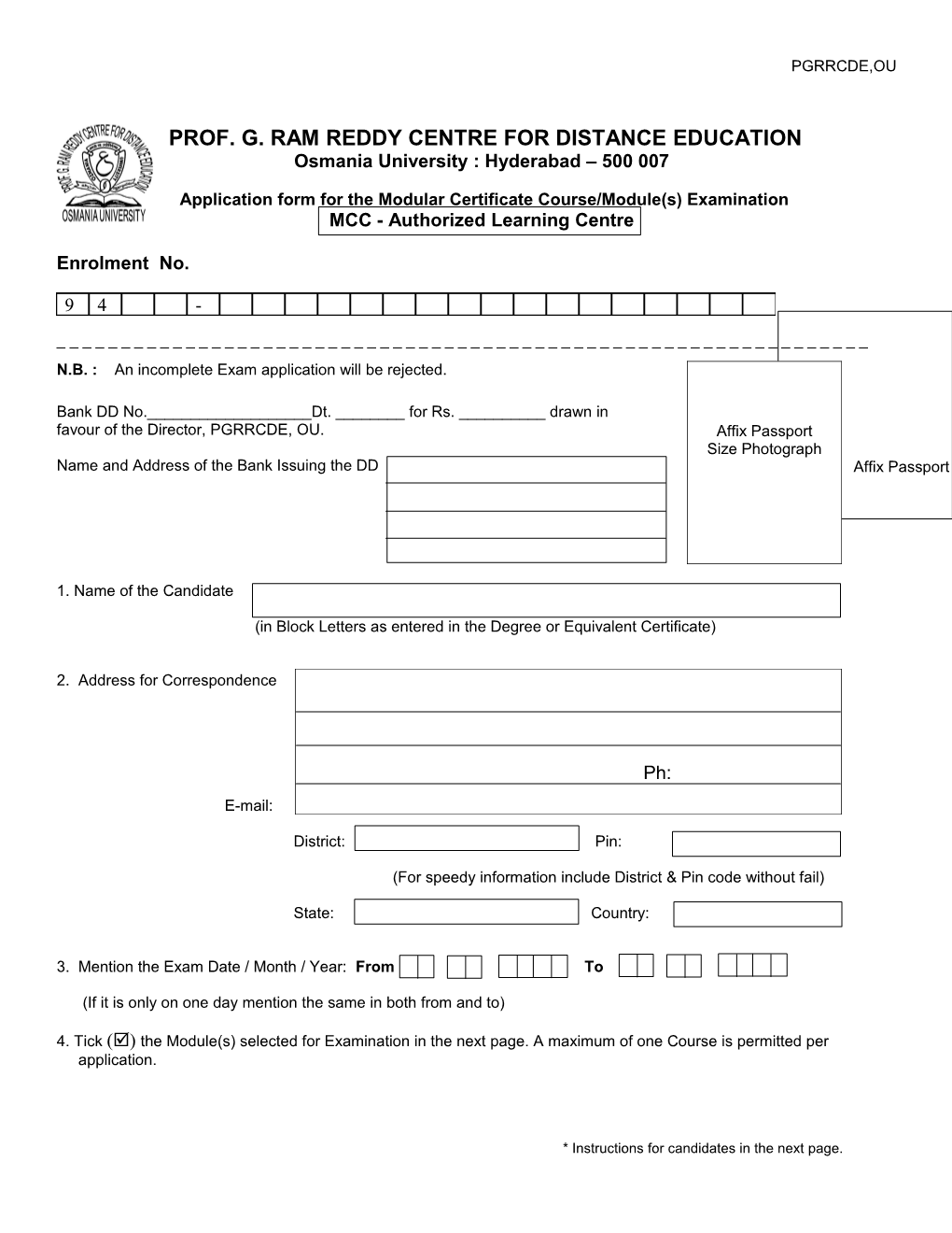 Application Form for the Modular Certificate Course/Module(S) Examination