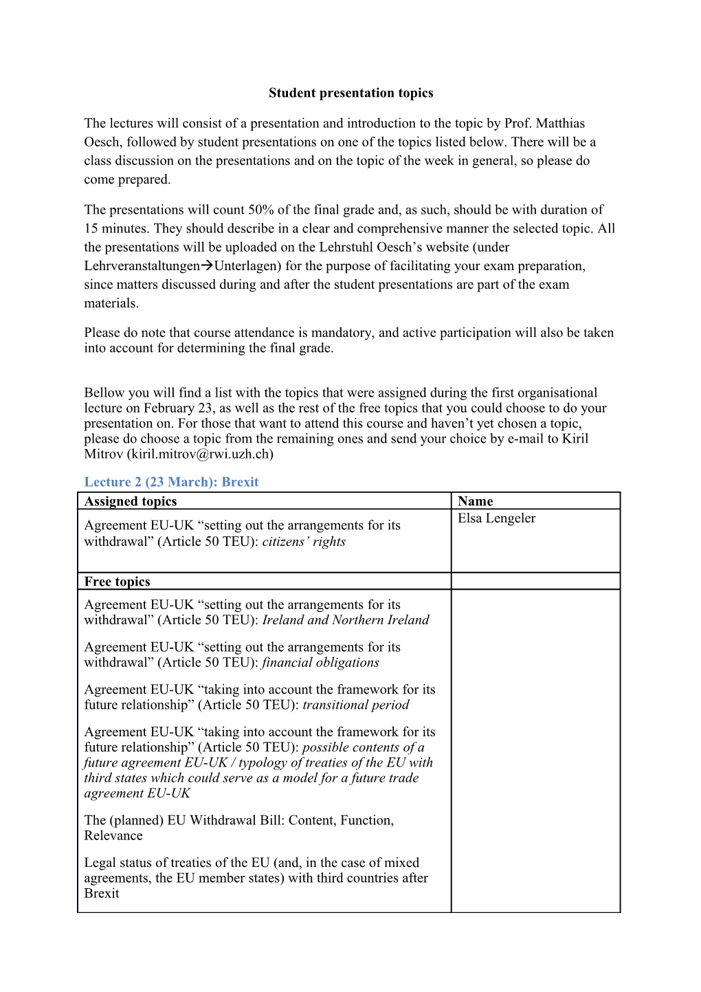 Student Presentation Topics