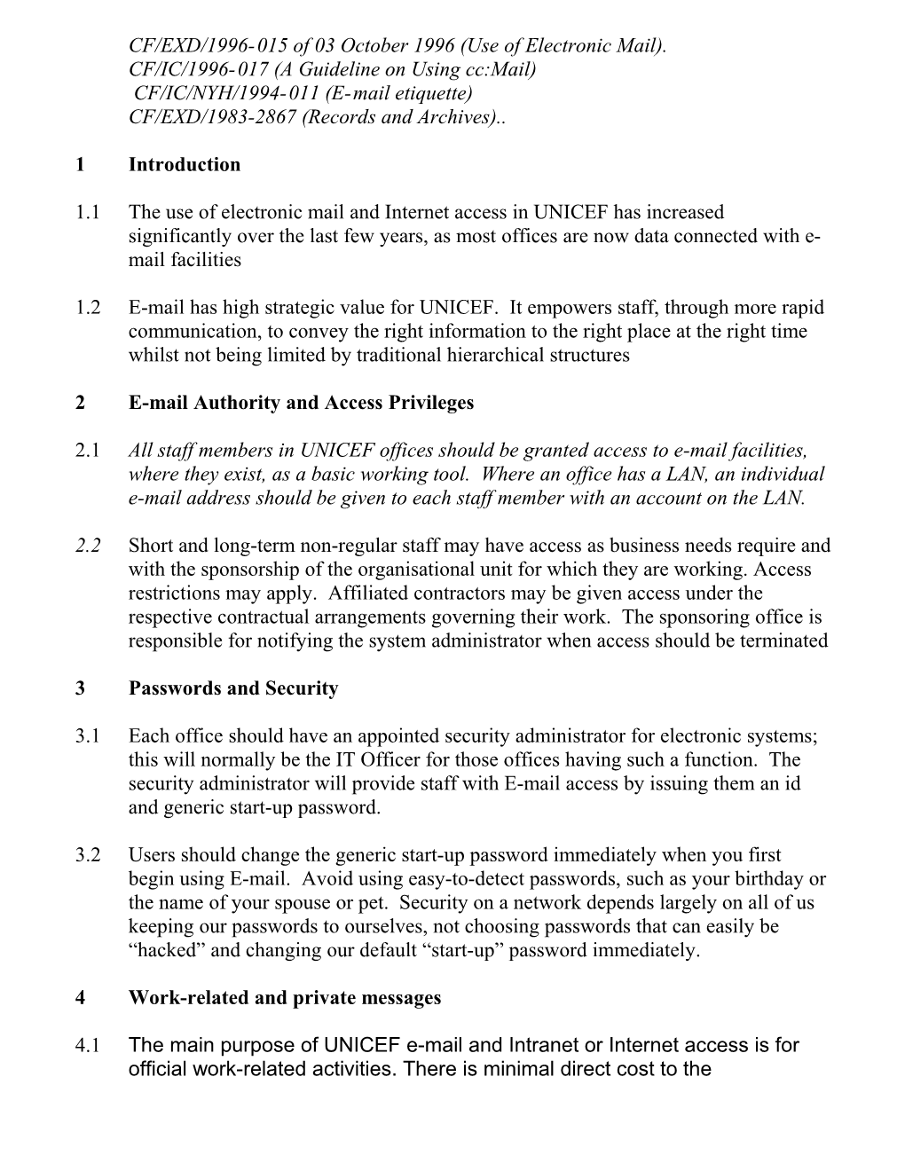 UNICEF Cc:Mail Users Policy Guideline