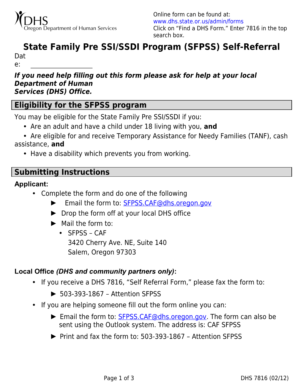 State Family Pre SSI/SSDI Program (SFPSS) Self-Referral