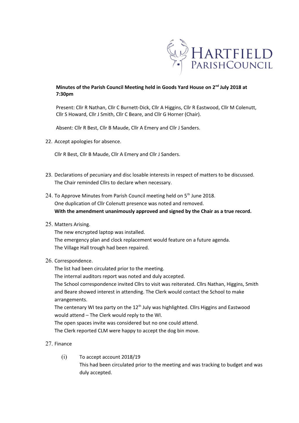 Minutes of Theparish Council Meeting Held in Goods Yard House on 2Nd July2018at 7:30Pm