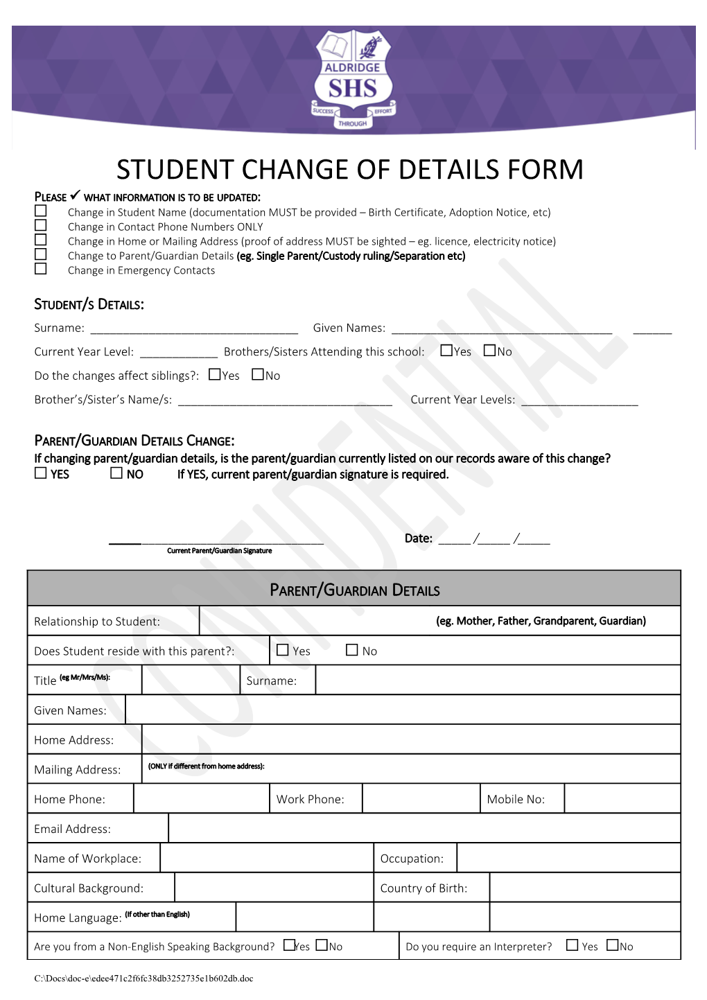 Student Chanage of Details Form (Doc,81KB)