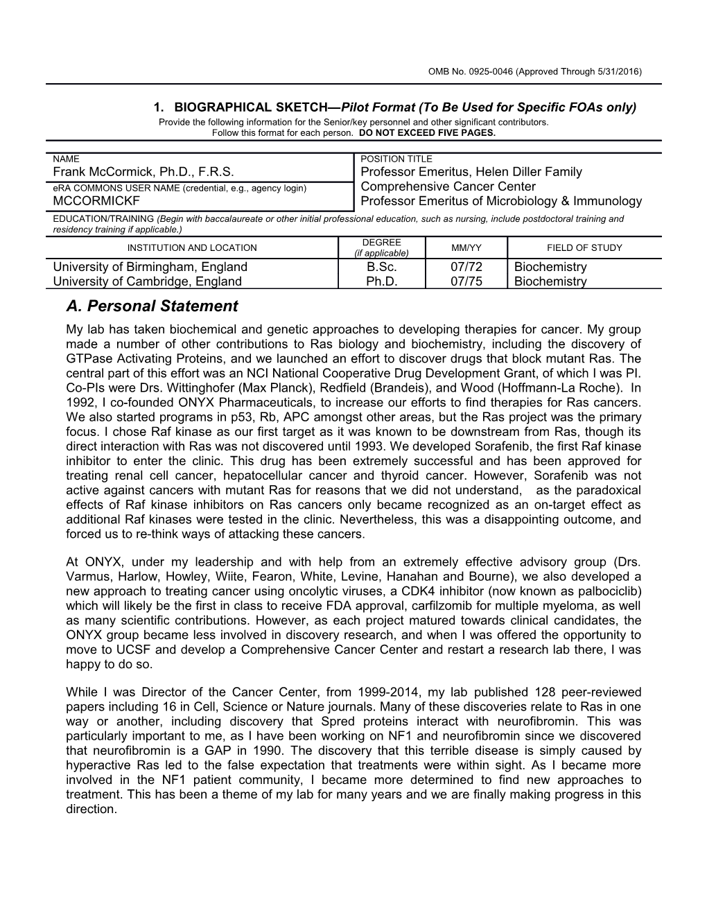 OMB No. 0925-0046, Biographical Sketch - Pilot Format Page