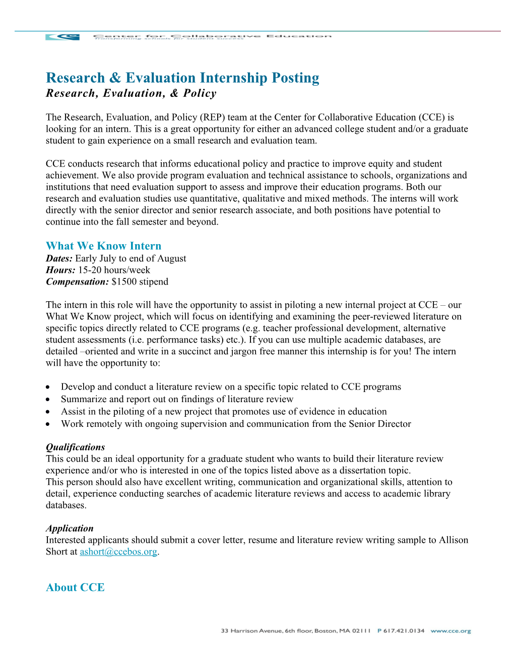 Research & Evaluation Internship Posting