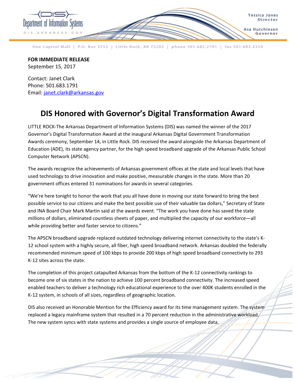 DIS Honored with Governor S Digital Transformation Award