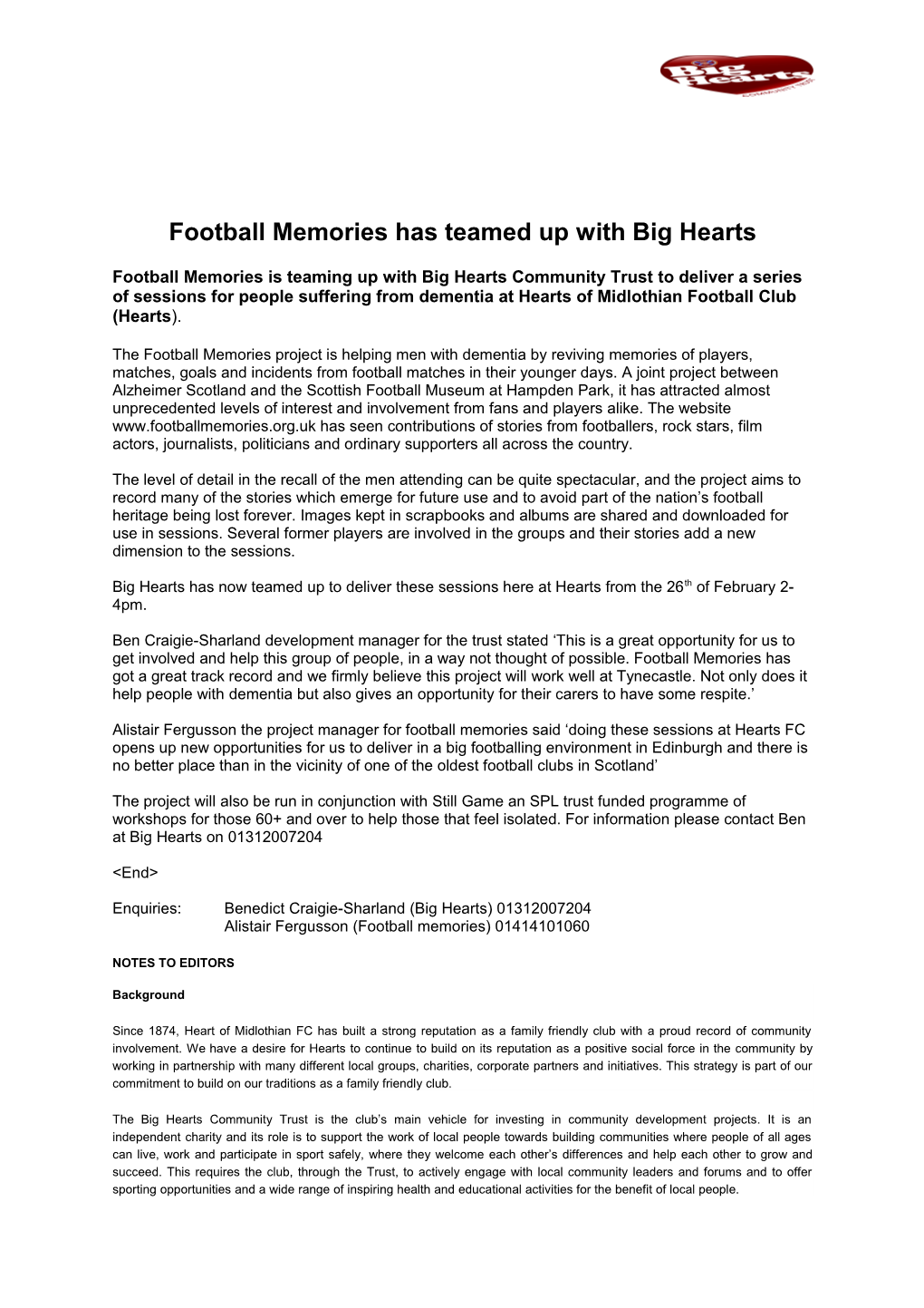 Football Memories Has Teamed up with Big Hearts