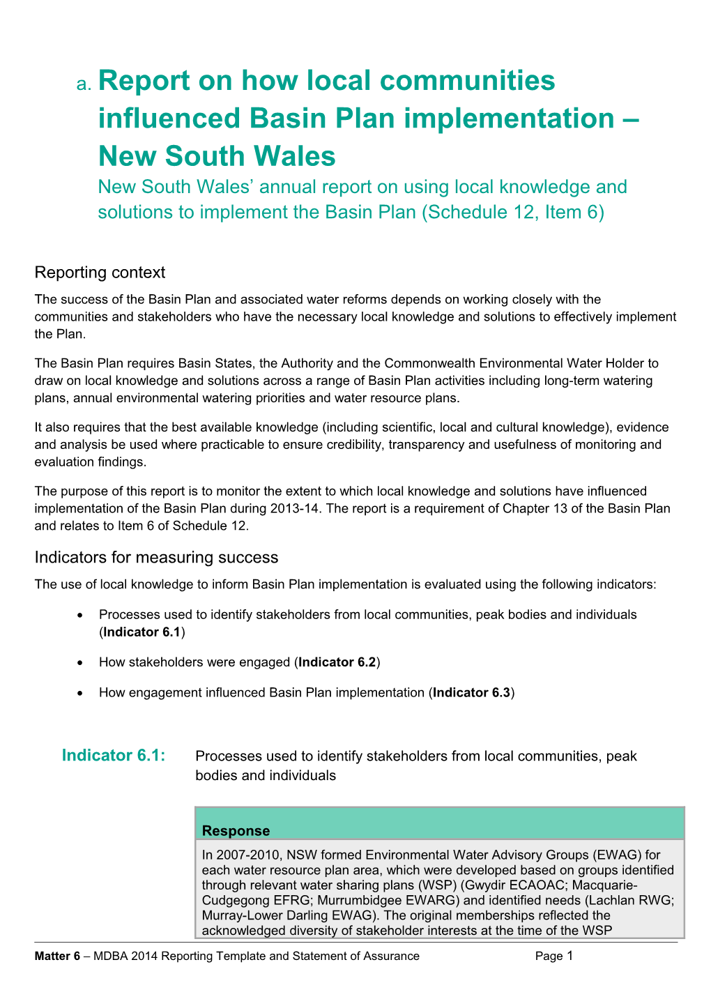 Report on How Local Communities Influenced Basin Plan Implementation New South Walesnew