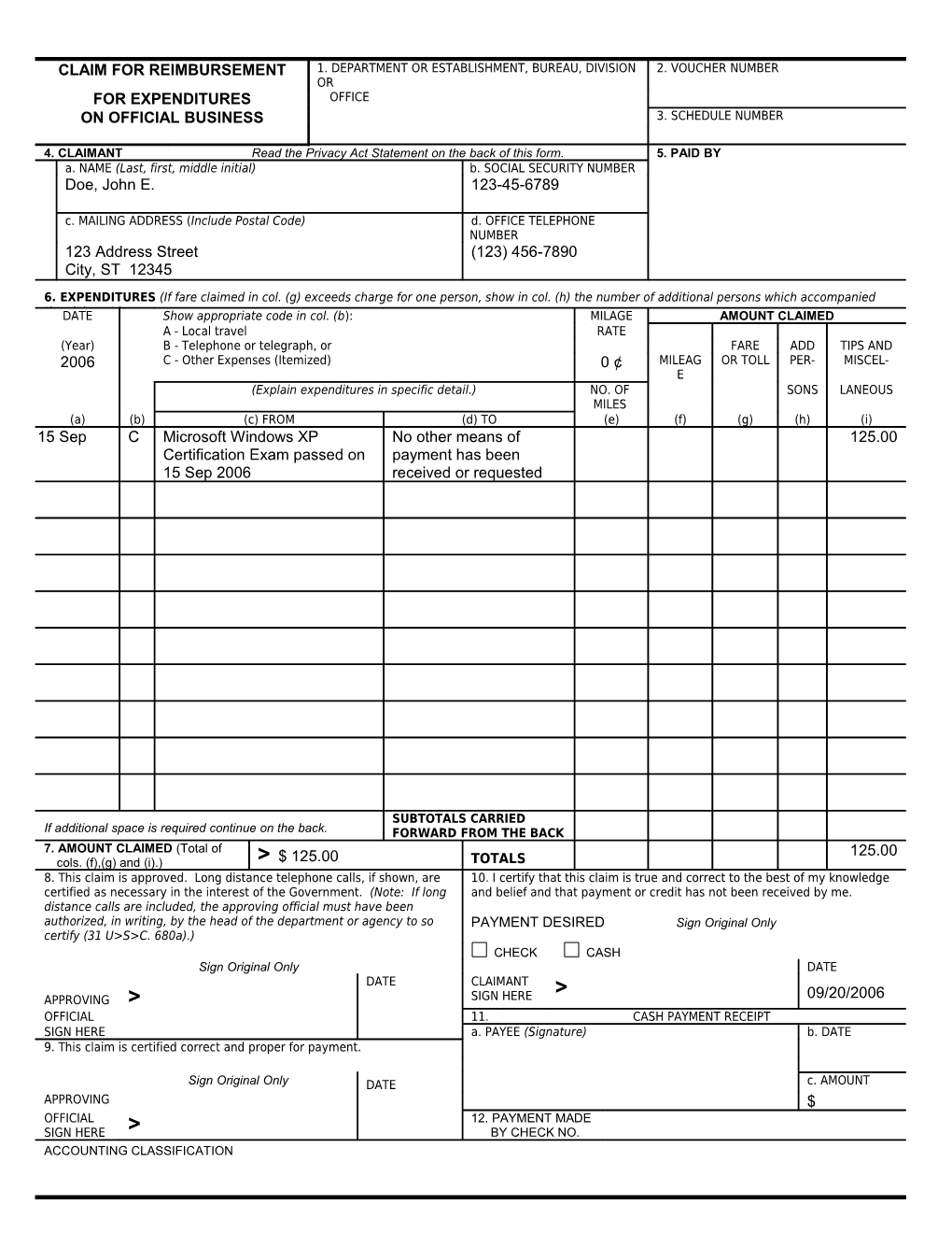 Claim for Reimbursement