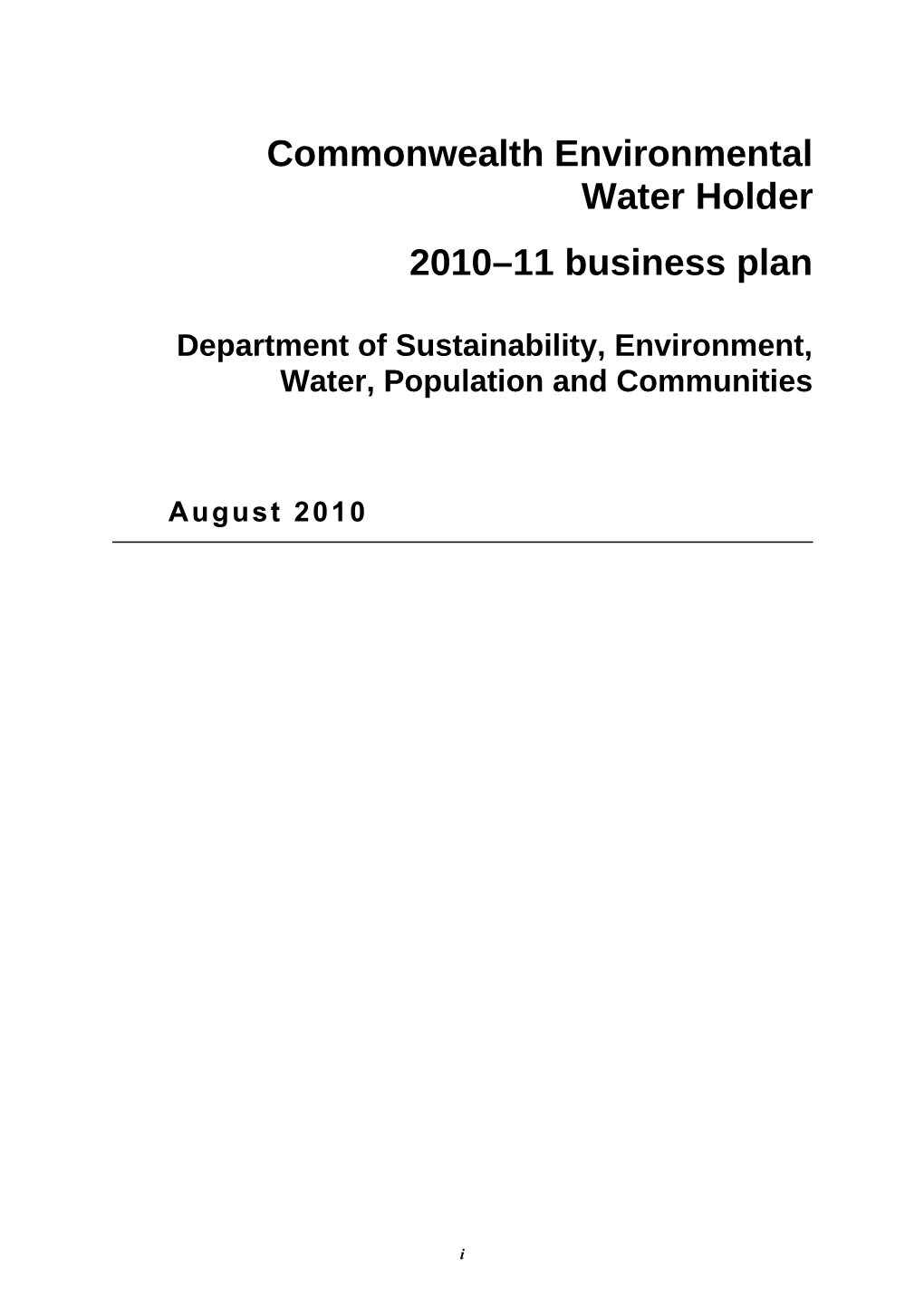 Commonwealth Environmental Water Holder 2010-2011 Business Plan