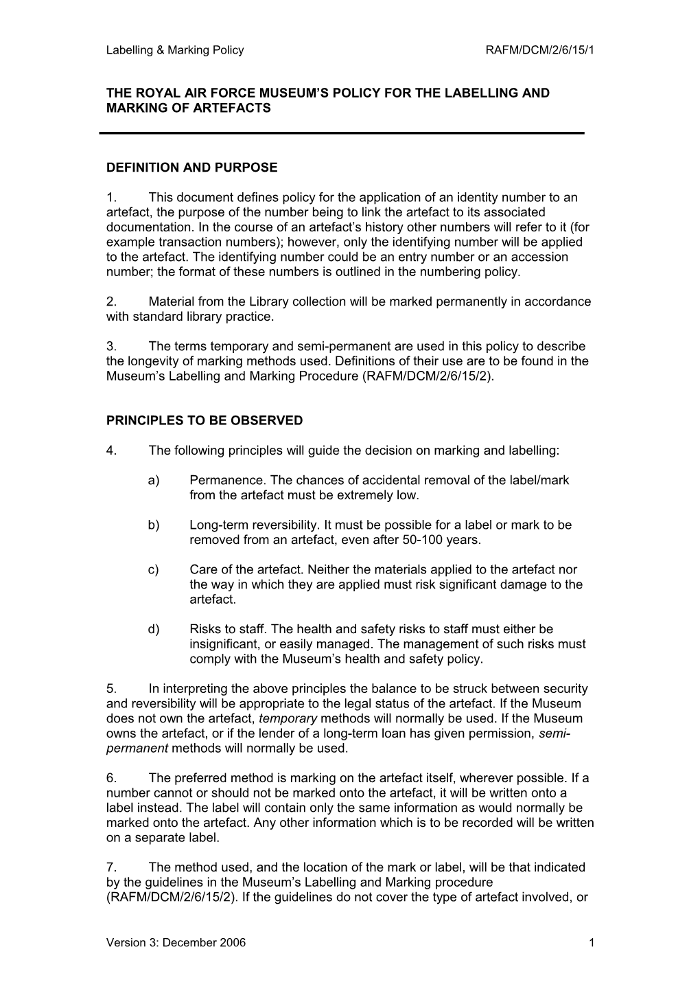 Policy for the Labelling and Marking of Objects