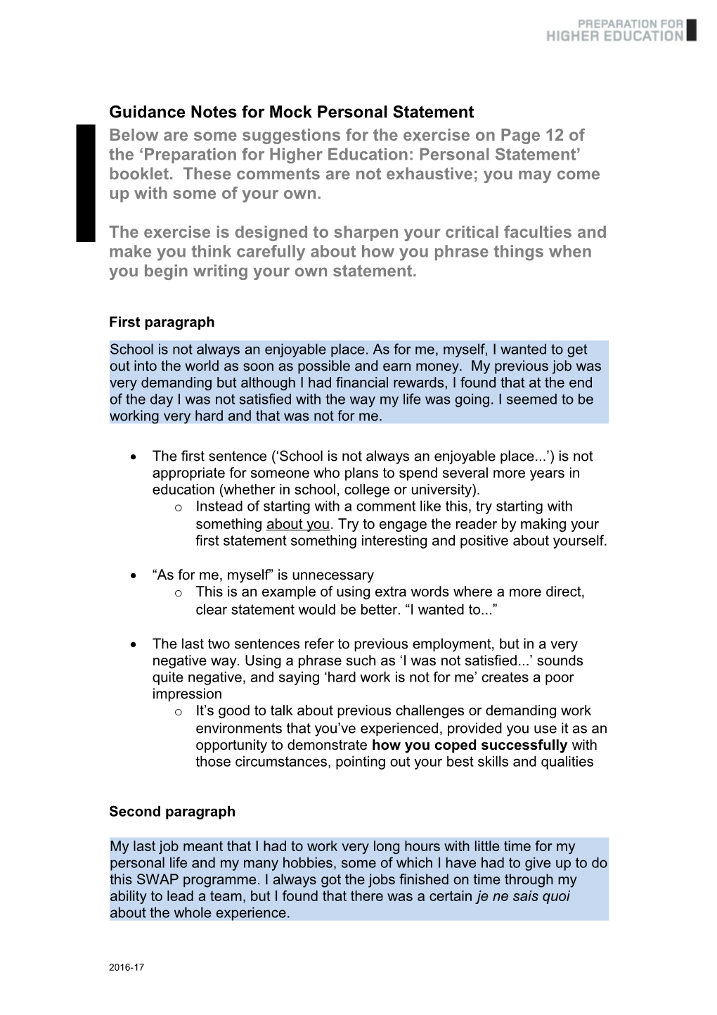 Guidance Notes for Mock Personal Statement