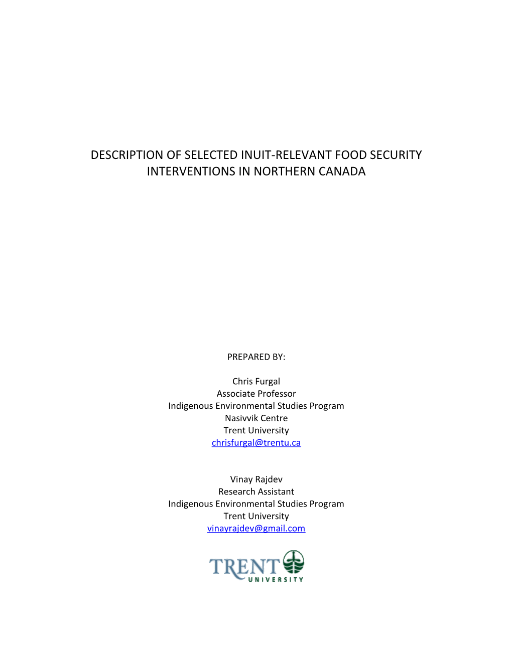 Description of Selected Inuit-Relevant Food Security Interventionsin Northern Canada