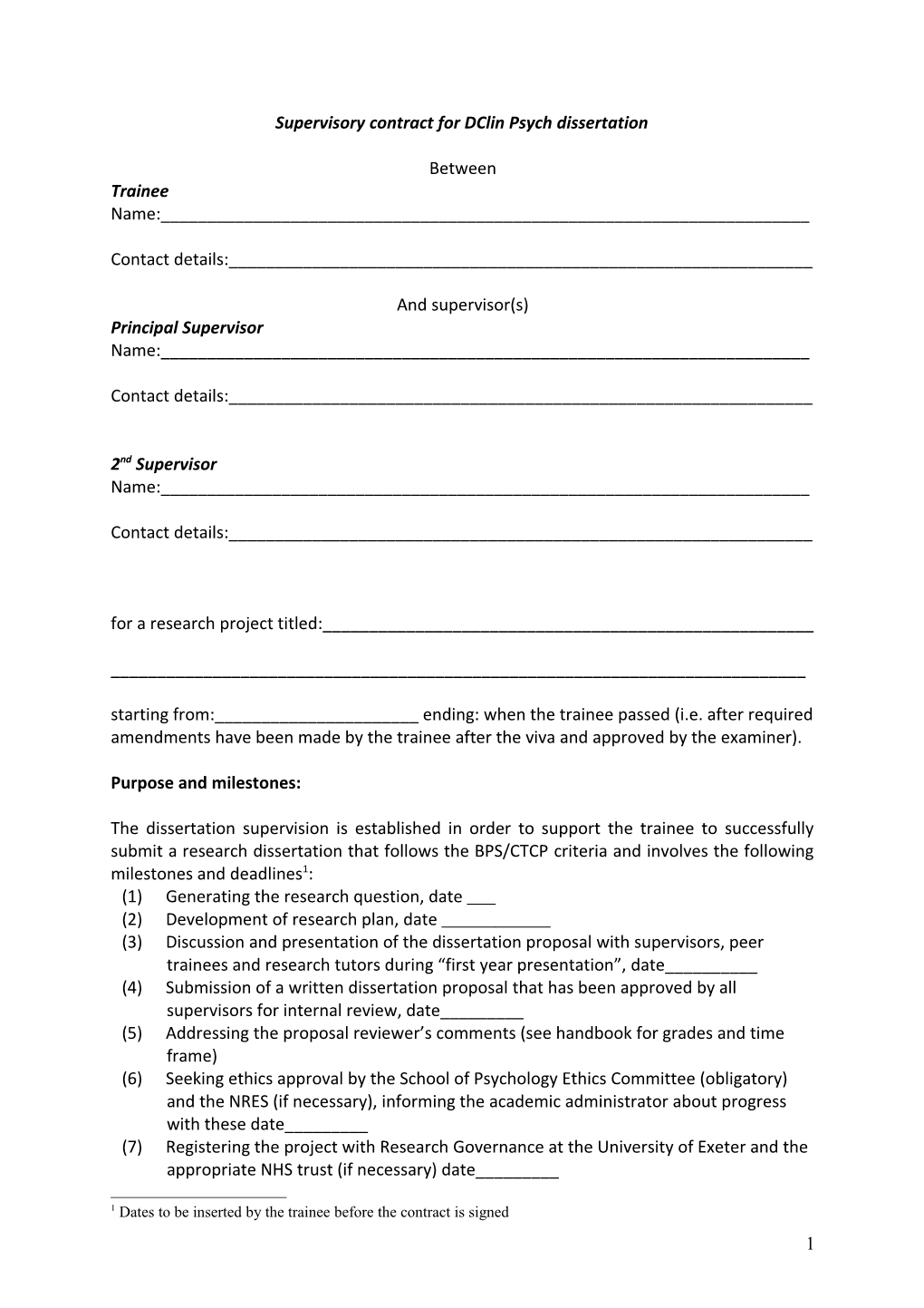 Supervisory Contract for Dclin Psych Dissertation
