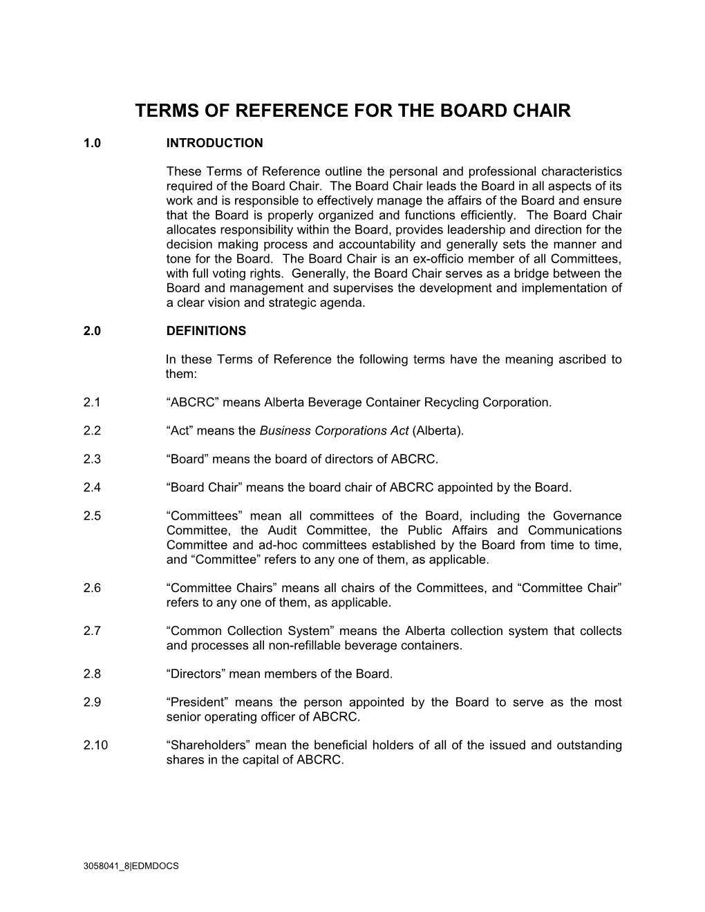 Terms of Reference for the Board Chair