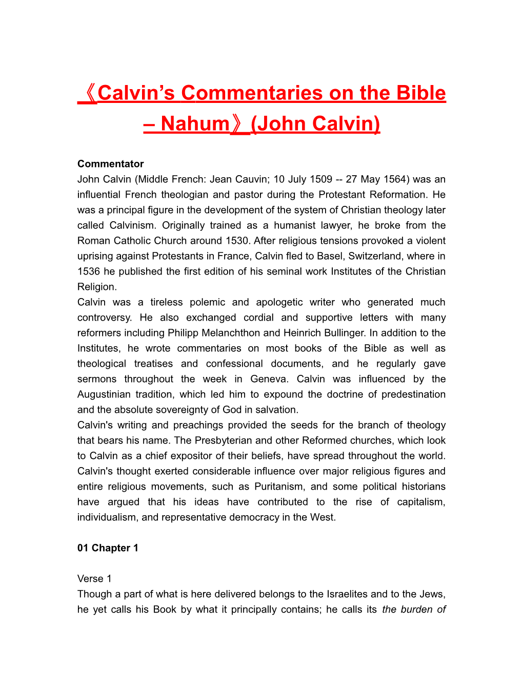 Calvin Scommentaries on the Bible Nahum (John Calvin)