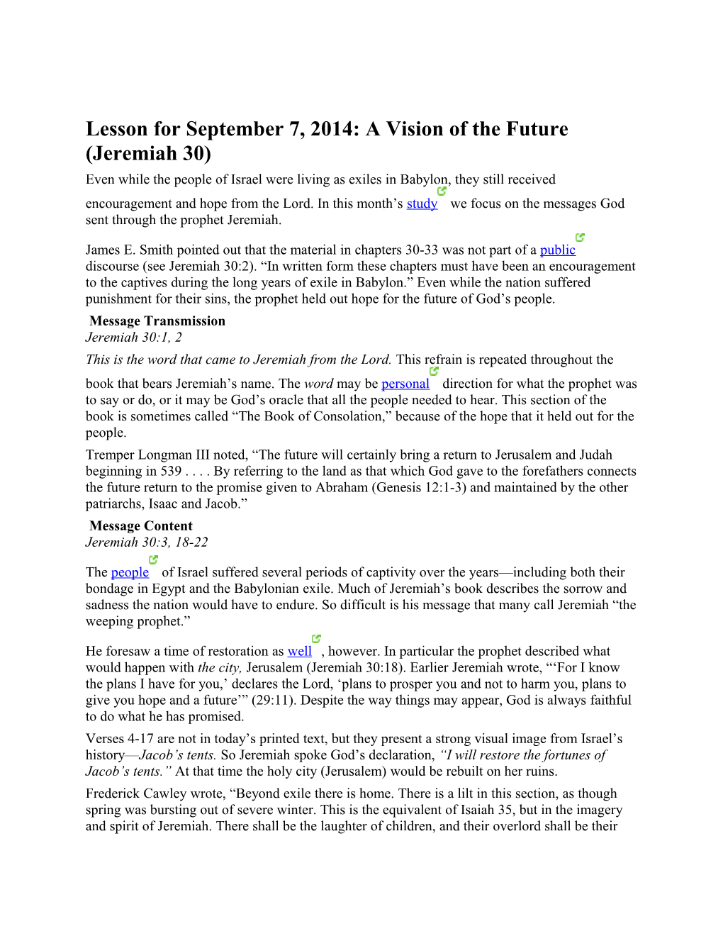 Lesson for September 7, 2014: a Vision of the Future (Jeremiah 30)