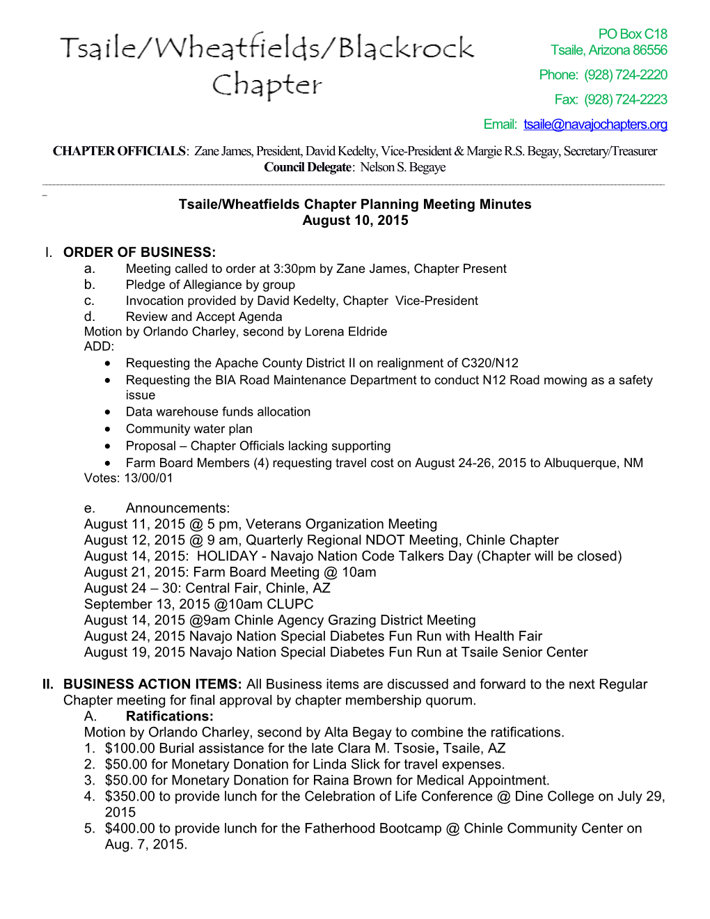 Tsaile/Wheatfields Chapter Planning Meeting Minutes