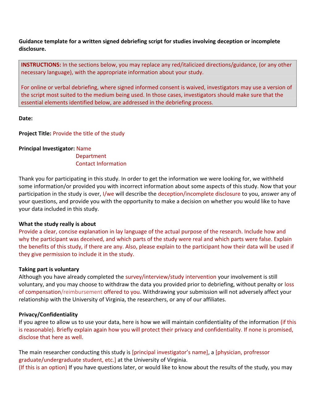 Guidance Template for a Written Signed Debriefing Script for Studies Involving Deception