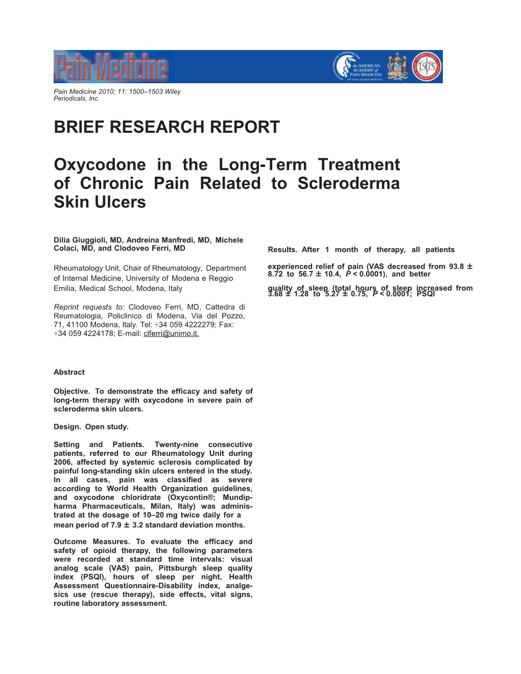 Oxycodone in the Longterm Treatment of Chronic Pain Related to Scleroderma Skin Ulcers