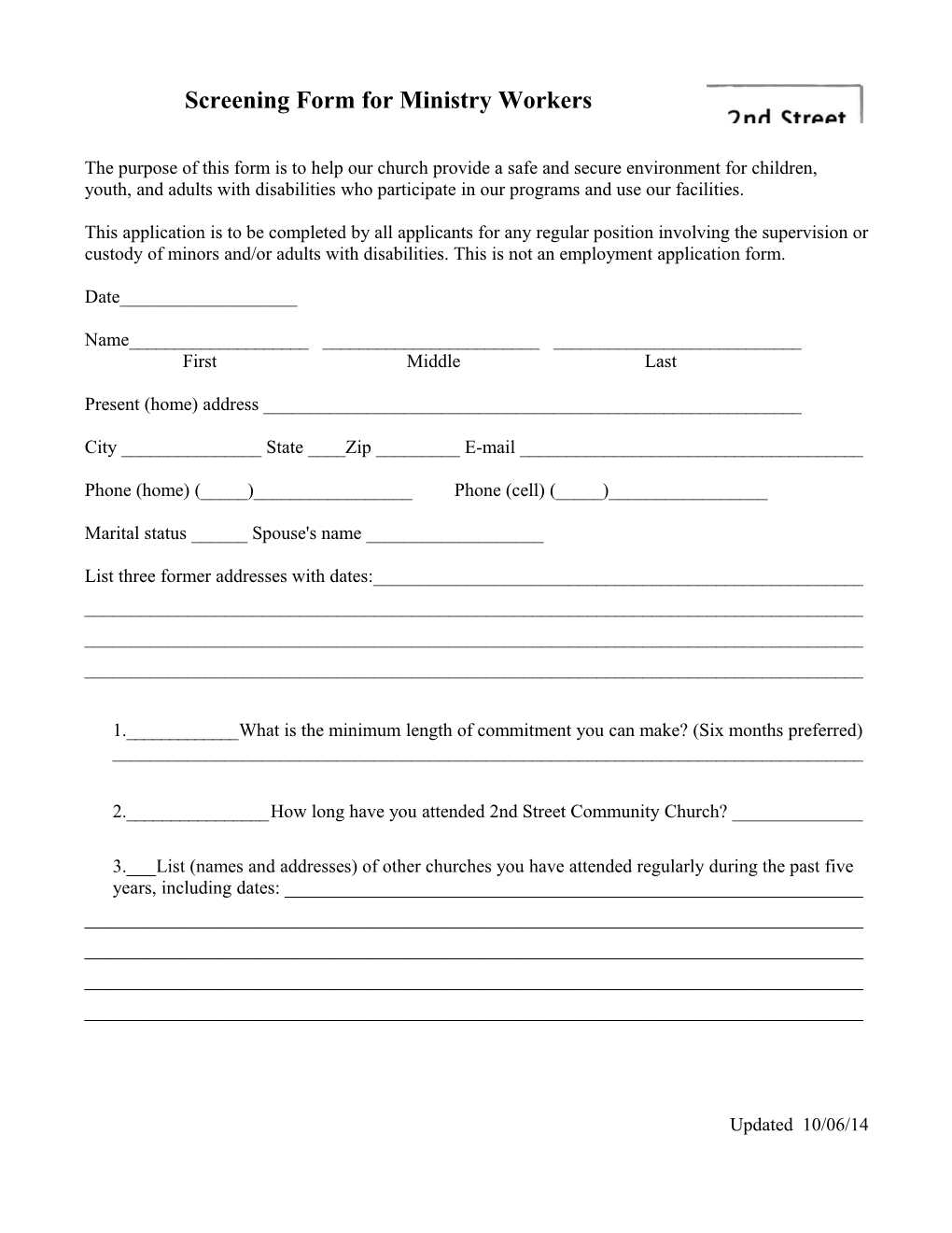 Screening Form Forministry Workers