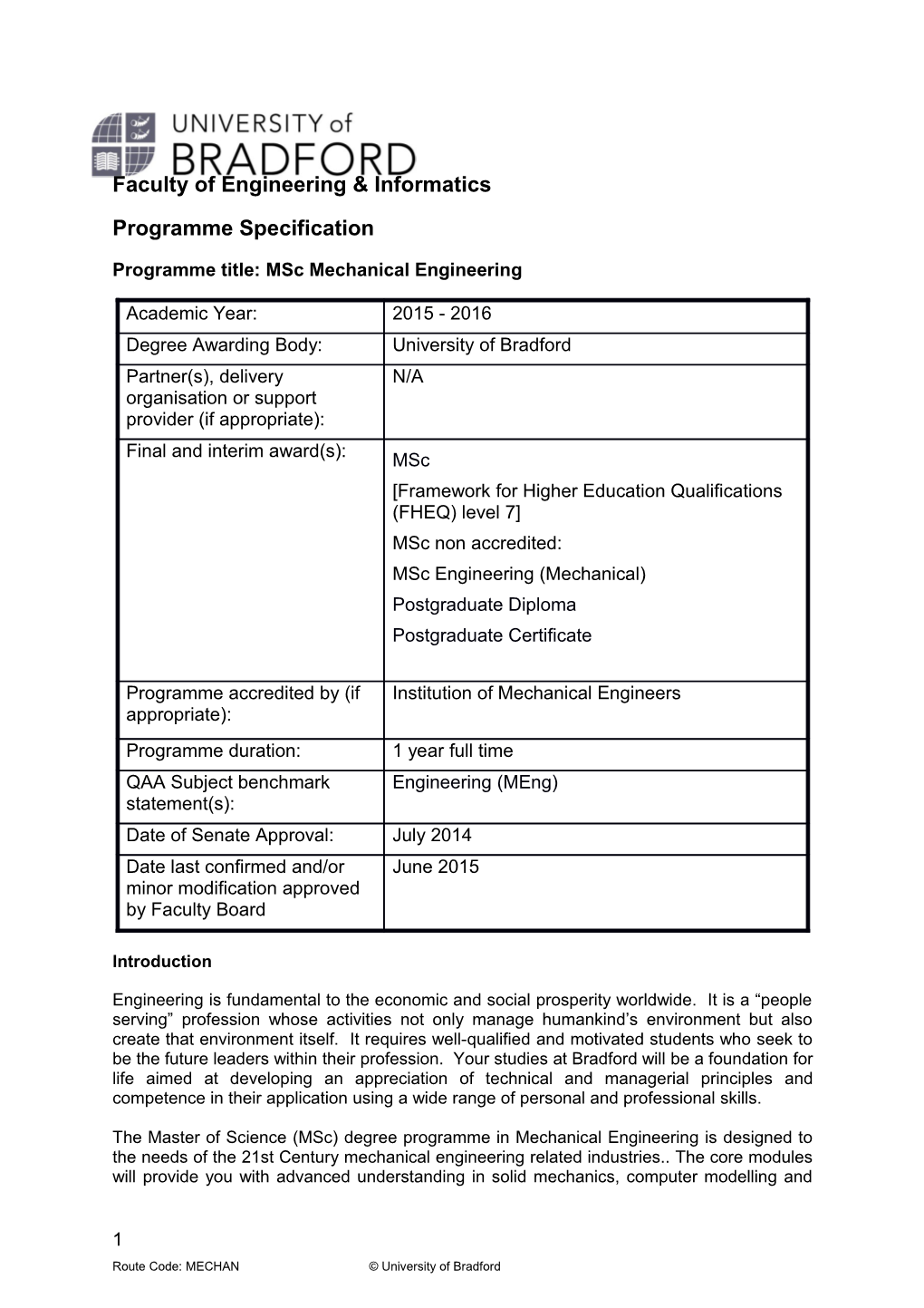 Programme Title:Msc Mechanical Engineering