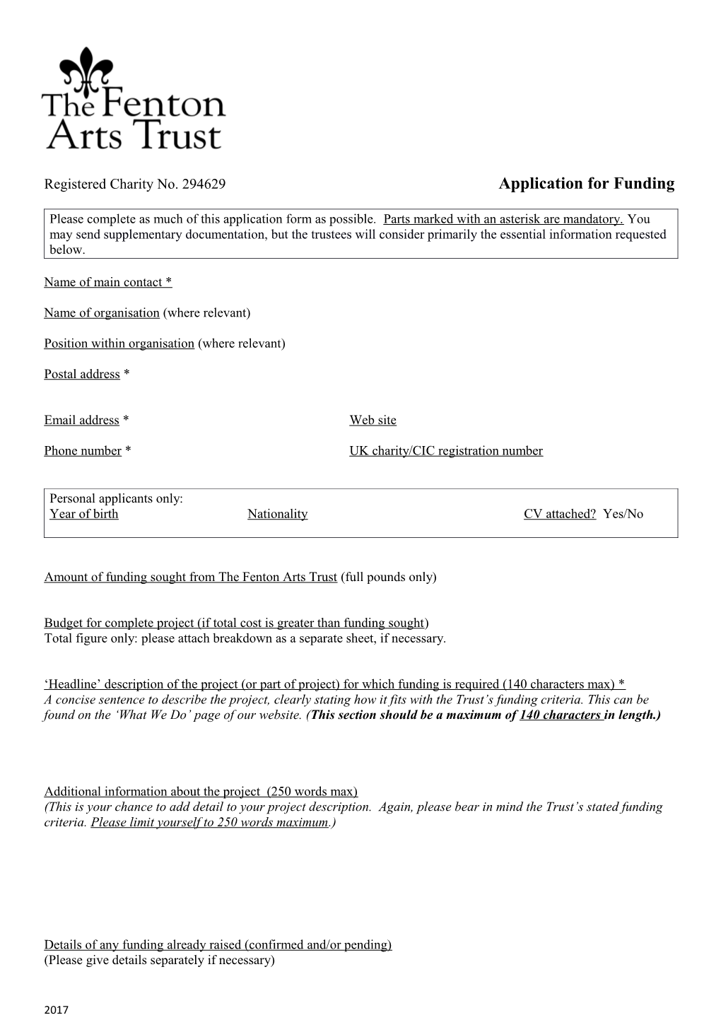 The Fenton Arts Trust Application Form