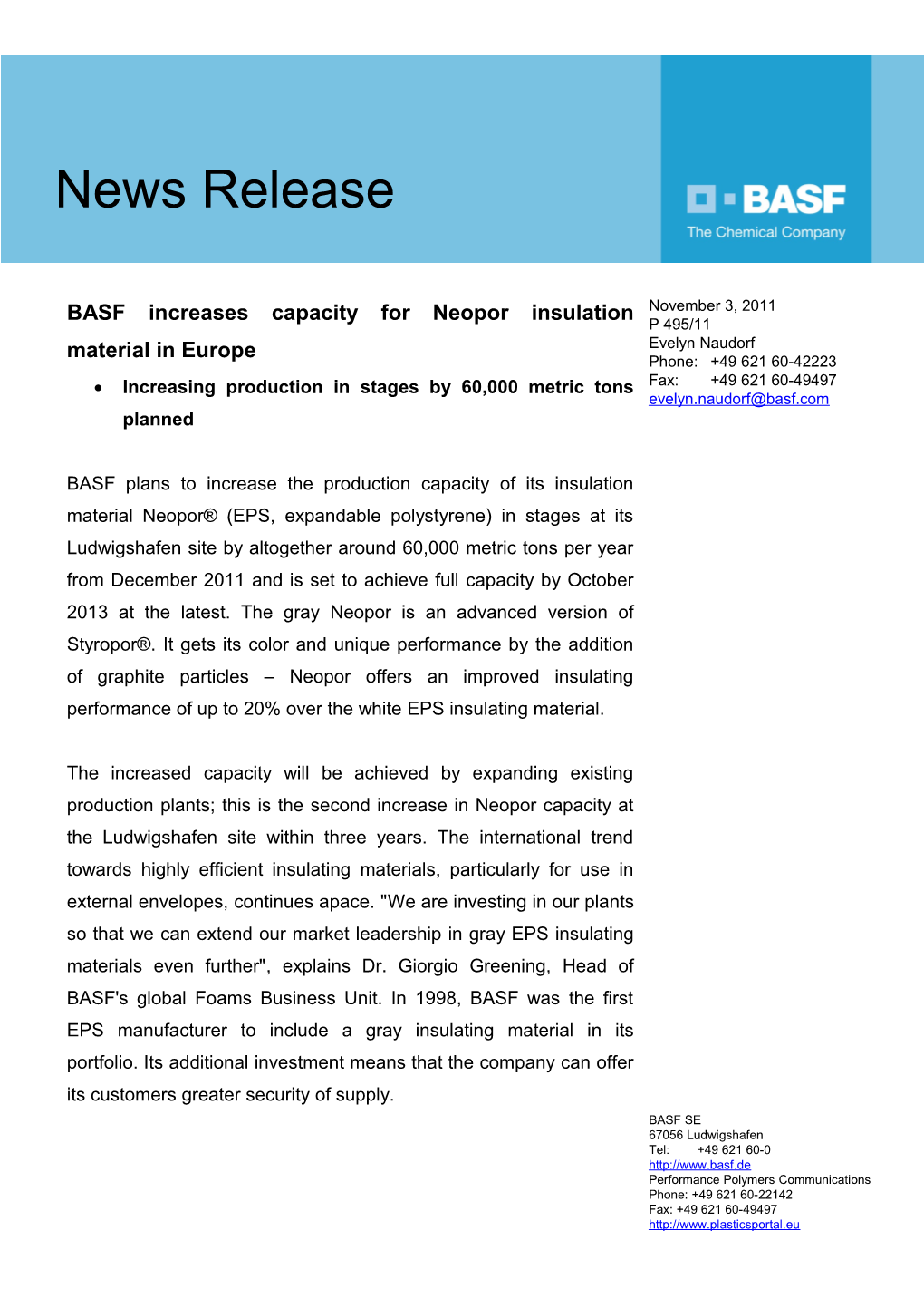 BASF Increasescapacityfor Neopor Insulation Material in Europe