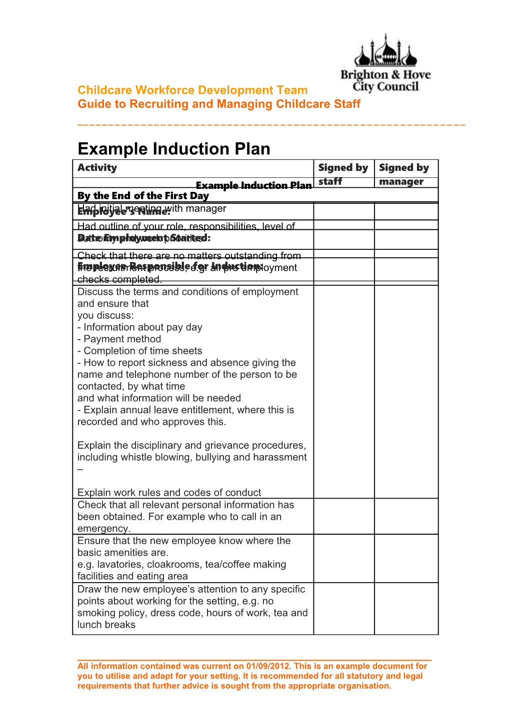 Example Induction Plan