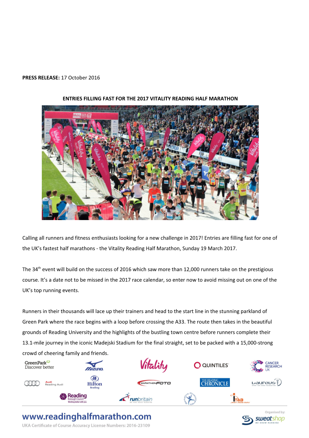 Entries Filling Fast for the 2017 Vitality Reading Half Marathon