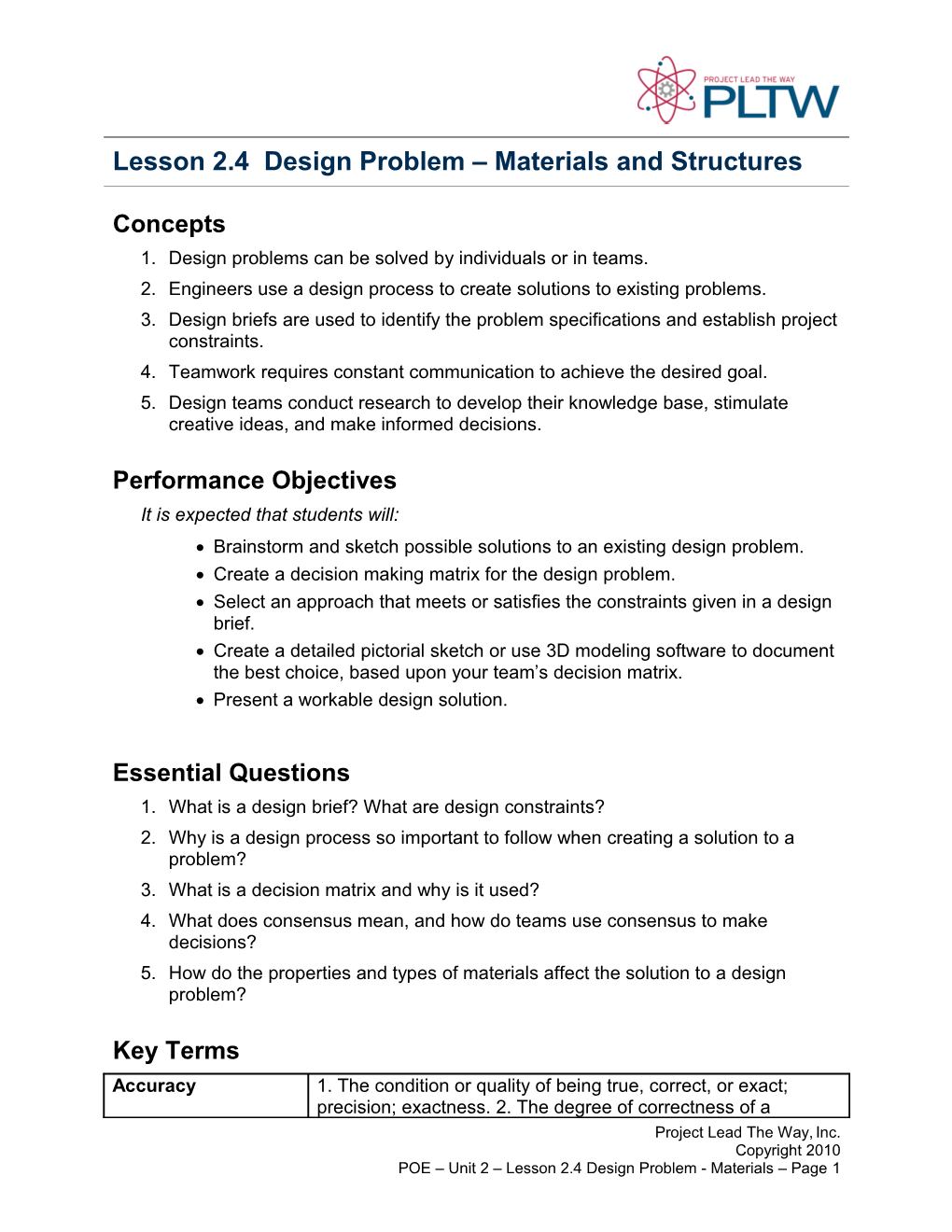 Lesson 2.4 Design Problem - Materials