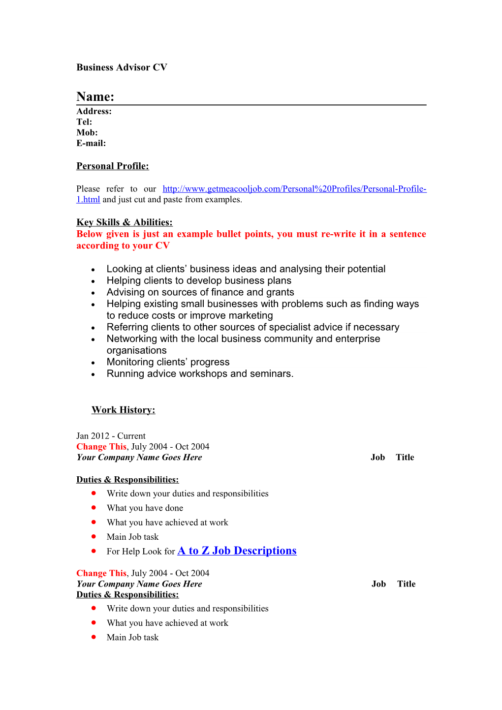 Business Adviser Job Descriptions