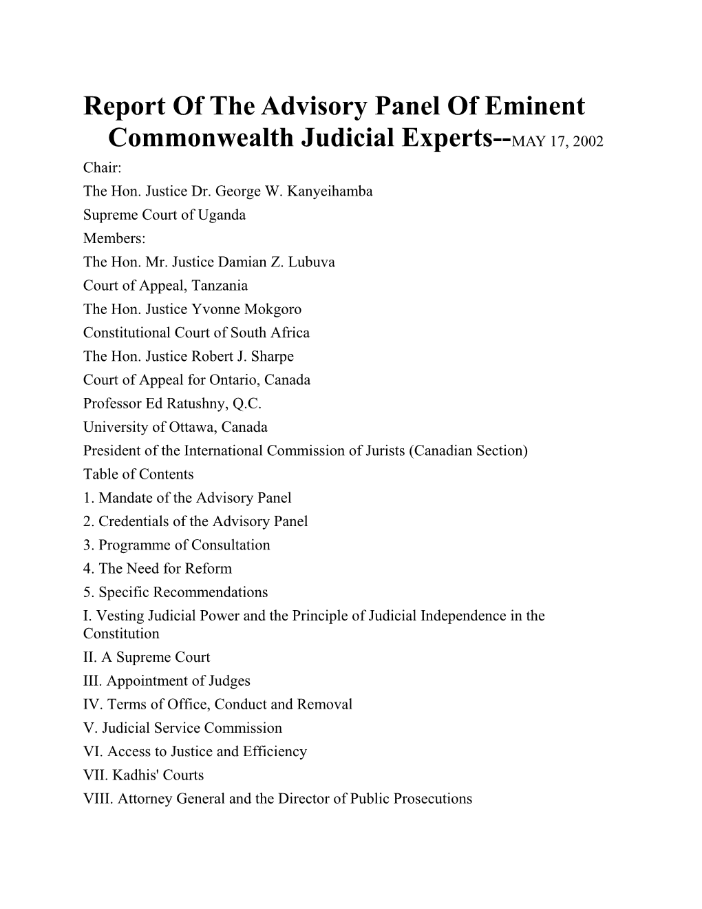 Report of the Advisory Panel of Eminent Commonwealth Judicial Experts MAY 17, 2002