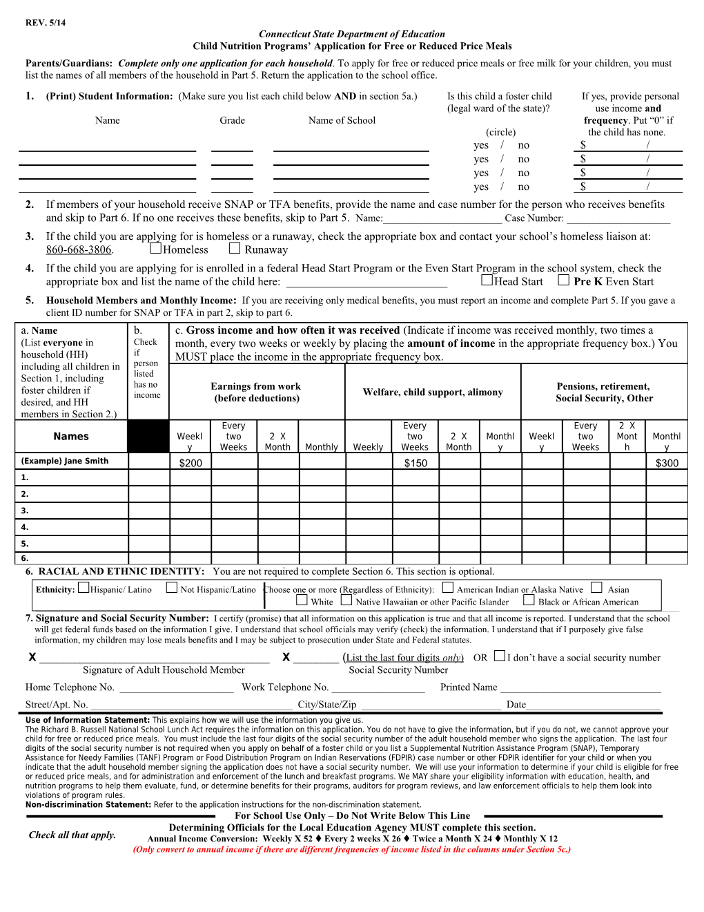 SAMPLE Application for Free Or Reduced Price Meals Or Free Milk