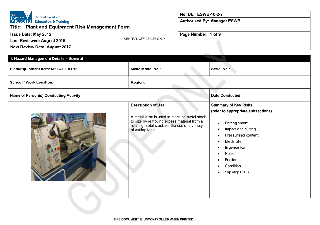 Metal Lathe Risk Management Form